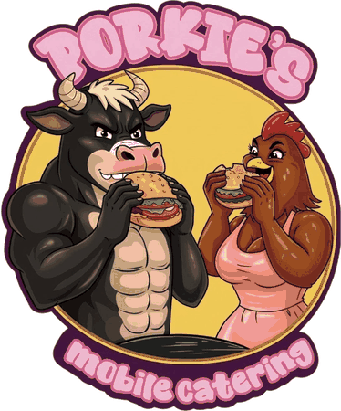 Porkie's Mobile Catering logo — a bull and a chook tucking into burgers